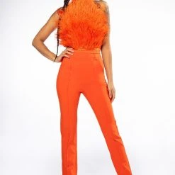 GENUINE OSTRICH FEATHER SLEEVELESS CROPPED HALTER BLOUSE IN ORANGE -helmut shop genuine ostrich feather sleeveless cropped halter blouse in orange orange 2 2