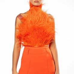 GENUINE OSTRICH FEATHER SLEEVELESS CROPPED HALTER BLOUSE IN ORANGE -helmut shop genuine ostrich feather sleeveless cropped halter blouse in orange orange 3 3