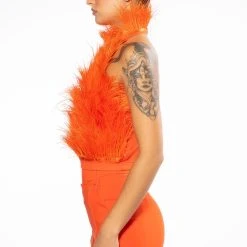 GENUINE OSTRICH FEATHER SLEEVELESS CROPPED HALTER BLOUSE IN ORANGE -helmut shop genuine ostrich feather sleeveless cropped halter blouse in orange orange 4 4