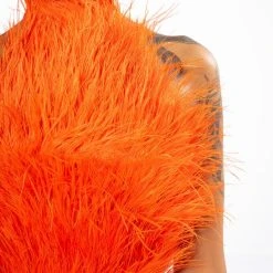 GENUINE OSTRICH FEATHER SLEEVELESS CROPPED HALTER BLOUSE IN ORANGE -helmut shop genuine ostrich feather sleeveless cropped halter blouse in orange orange 6 6