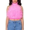 GENUINE OSTRICH FEATHER SLEEVELESS CROPPED HALTER BLOUSE -helmut shop genuine ostrich feather sleeveless cropped halter blouse pink 1 1 c1 c1
