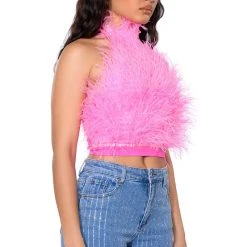 GENUINE OSTRICH FEATHER SLEEVELESS CROPPED HALTER BLOUSE -helmut shop genuine ostrich feather sleeveless cropped halter blouse pink 2 2 c1 c1