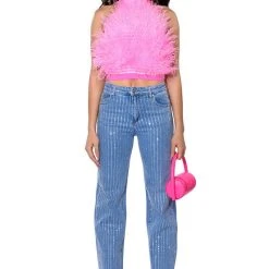 GENUINE OSTRICH FEATHER SLEEVELESS CROPPED HALTER BLOUSE -helmut shop genuine ostrich feather sleeveless cropped halter blouse pink 3 3 c1
