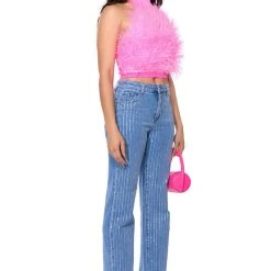 GENUINE OSTRICH FEATHER SLEEVELESS CROPPED HALTER BLOUSE -helmut shop genuine ostrich feather sleeveless cropped halter blouse pink 4 4 c1