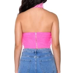 GENUINE OSTRICH FEATHER SLEEVELESS CROPPED HALTER BLOUSE -helmut shop genuine ostrich feather sleeveless cropped halter blouse pink 6 6 c1
