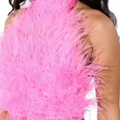GENUINE OSTRICH FEATHER SLEEVELESS CROPPED HALTER BLOUSE -helmut shop genuine ostrich feather sleeveless cropped halter blouse pink 7 7 c1