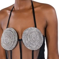 GLITCH IN THE MATRIX RHINESTONE MESH HALTER BODYSUIT -helmut shop glitch in the matrix rhinestone mesh halter bodysuit black multi 10 10 c1