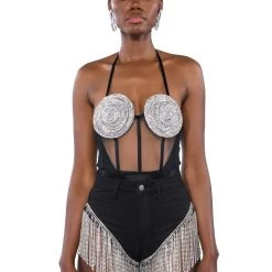 GLITCH IN THE MATRIX RHINESTONE MESH HALTER BODYSUIT -helmut shop glitch in the matrix rhinestone mesh halter bodysuit black multi 3 3 c1 c1