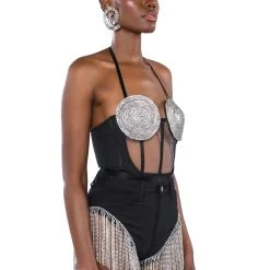 GLITCH IN THE MATRIX RHINESTONE MESH HALTER BODYSUIT -helmut shop glitch in the matrix rhinestone mesh halter bodysuit black multi 4 4 c1 c1