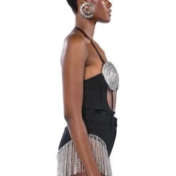 GLITCH IN THE MATRIX RHINESTONE MESH HALTER BODYSUIT -helmut shop glitch in the matrix rhinestone mesh halter bodysuit black multi 8 8 c1