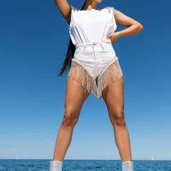 GONNA LOVE ME WATERFALL RHINESTONE DENIM SHORT -helmut shop gonna love me waterfall rhinestone denim short white 4 4 c1 c1