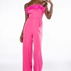 GOTTA CRUSH FEATHER TRIM WIDE LEG JUMPSUIT -helmut shop gotta crush feather trim wide leg jumpsuit pink 2 2