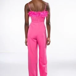 GOTTA CRUSH FEATHER TRIM WIDE LEG JUMPSUIT -helmut shop gotta crush feather trim wide leg jumpsuit pink 5 5