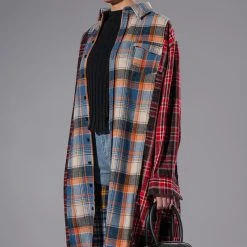 GRUNGE GIRL MIXED PATCHWORK OVERSIZED LONG PLAID TOP -helmut shop grunge girl mixed patchwork oversized long plaid top blue 2 2