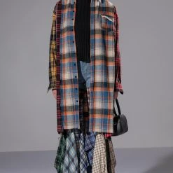GRUNGE GIRL MIXED PATCHWORK OVERSIZED LONG PLAID TOP -helmut shop grunge girl mixed patchwork oversized long plaid top blue 3 3