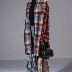 GRUNGE GIRL MIXED PATCHWORK OVERSIZED LONG PLAID TOP -helmut shop grunge girl mixed patchwork oversized long plaid top blue 4 4