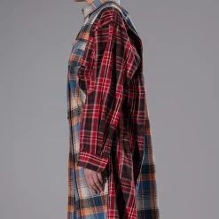 GRUNGE GIRL MIXED PATCHWORK OVERSIZED LONG PLAID TOP -helmut shop grunge girl mixed patchwork oversized long plaid top blue 5 5