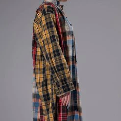 GRUNGE GIRL MIXED PATCHWORK OVERSIZED LONG PLAID TOP -helmut shop grunge girl mixed patchwork oversized long plaid top blue 6 6