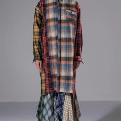 GRUNGE GIRL MIXED PATCHWORK OVERSIZED LONG PLAID TOP -helmut shop grunge girl mixed patchwork oversized long plaid top blue 9 9