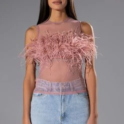 HAPPILY EVER AFTER SLEEVELESS FEATHER TOP IN BLUSH -helmut shop happily ever after sleeveless feather top in blush blush 5 5 c1
