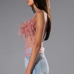 HAPPILY EVER AFTER SLEEVELESS FEATHER TOP IN BLUSH -helmut shop happily ever after sleeveless feather top in blush blush 6 6 c1