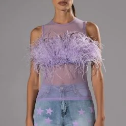 HAPPILY EVER AFTER SLEEVELESS FEATHER TOP IN LIGHT PURPLE -helmut shop happily ever after sleeveless feather top in light purple light purple 3 3