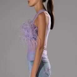 HAPPILY EVER AFTER SLEEVELESS FEATHER TOP IN LIGHT PURPLE -helmut shop happily ever after sleeveless feather top in light purple light purple 4 4