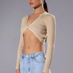 HAZEL COLLARED V NECK LONG SLEEVE SWEATER -helmut shop hazel collared v neck long sleeve sweater beige 3 3