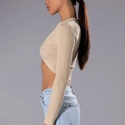 HAZEL COLLARED V NECK LONG SLEEVE SWEATER -helmut shop hazel collared v neck long sleeve sweater beige 4 4