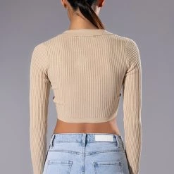 HAZEL COLLARED V NECK LONG SLEEVE SWEATER -helmut shop hazel collared v neck long sleeve sweater beige 5 5