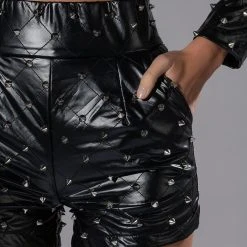 HBIC FAUX LEATHER SPIKE DETAILED SHORT -helmut shop hbic faux leather spike detailed short black silver 10 10