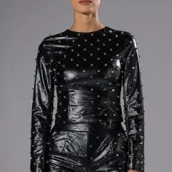 HBIC QUILTED FAUX LEATHER SPIKE DETAIL LONG SLEEVE TOP -helmut shop hbic quilted faux leather spike detail long sleeve top black silver 2 2