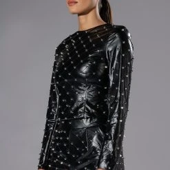 HBIC QUILTED FAUX LEATHER SPIKE DETAIL LONG SLEEVE TOP -helmut shop hbic quilted faux leather spike detail long sleeve top black silver 3 3