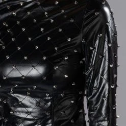 HBIC QUILTED FAUX LEATHER SPIKE DETAIL LONG SLEEVE TOP -helmut shop hbic quilted faux leather spike detail long sleeve top black silver 7 7