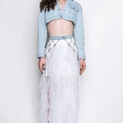 I AM ME CLYDE RAINBOW RHINESTONE CORD DENIM BELT -helmut shop i am me clyde rainbow rhinestone cord denim belt medium blue denim 14 14