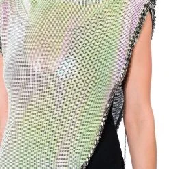 ICY SHORT SLEEVE ASYMMETRICAL HI SHINE CHAINMAIL BLOUSE -helmut shop icy short sleeve asymmetrical hi shine chainmail blouse white 10 10