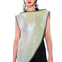 ICY SHORT SLEEVE ASYMMETRICAL HI SHINE CHAINMAIL BLOUSE -helmut shop icy short sleeve asymmetrical hi shine chainmail blouse white 3 3