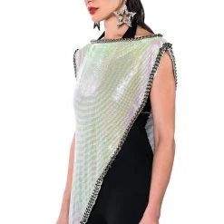 ICY SHORT SLEEVE ASYMMETRICAL HI SHINE CHAINMAIL BLOUSE -helmut shop icy short sleeve asymmetrical hi shine chainmail blouse white 4 4