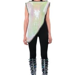 ICY SHORT SLEEVE ASYMMETRICAL HI SHINE CHAINMAIL BLOUSE -helmut shop icy short sleeve asymmetrical hi shine chainmail blouse white 5 5