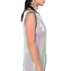 ICY SHORT SLEEVE ASYMMETRICAL HI SHINE CHAINMAIL BLOUSE -helmut shop icy short sleeve asymmetrical hi shine chainmail blouse white 8 8