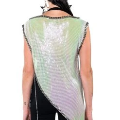 ICY SHORT SLEEVE ASYMMETRICAL HI SHINE CHAINMAIL BLOUSE -helmut shop icy short sleeve asymmetrical hi shine chainmail blouse white 9 9