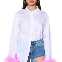 IM A FLIRT OSTRICH FEATHER BUTTON DOWN BLOUSE -helmut shop im a flirt ostrich feather button down blouse white multi 2 2