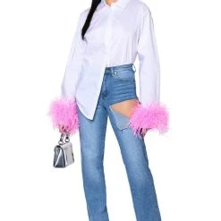 IM A FLIRT OSTRICH FEATHER BUTTON DOWN BLOUSE -helmut shop im a flirt ostrich feather button down blouse white multi 4 4