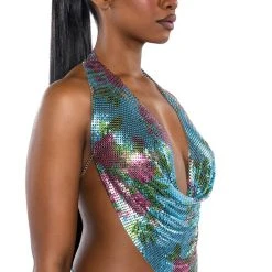 IN THE MOMENT FLORAL CHAINMAIL HALTER TOP 11 IN THE MOMENT FLORAL CHAINMAIL HALTER TOP -helmut shop in the moment floral chainmail halter top blue multi 2 2