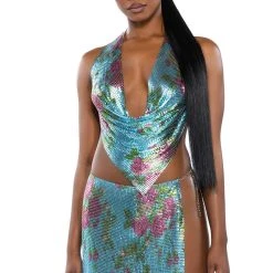 IN THE MOMENT FLORAL CHAINMAIL HALTER TOP 12 IN THE MOMENT FLORAL CHAINMAIL HALTER TOP -helmut shop in the moment floral chainmail halter top blue multi 3 3
