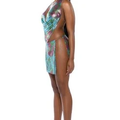 IN THE MOMENT FLORAL CHAINMAIL HALTER TOP 14 IN THE MOMENT FLORAL CHAINMAIL HALTER TOP -helmut shop in the moment floral chainmail halter top blue multi 5 5