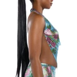 IN THE MOMENT FLORAL CHAINMAIL HALTER TOP 15 IN THE MOMENT FLORAL CHAINMAIL HALTER TOP -helmut shop in the moment floral chainmail halter top blue multi 6 6