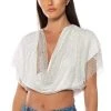 INDIGO DRAPED RHINESTONE MESH BLOUSE IN WHITE -helmut shop indigo draped rhinestone mesh blouse in white white 1 1