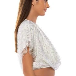 INDIGO DRAPED RHINESTONE MESH BLOUSE IN WHITE -helmut shop indigo draped rhinestone mesh blouse in white white 4 4