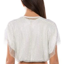 INDIGO DRAPED RHINESTONE MESH BLOUSE IN WHITE -helmut shop indigo draped rhinestone mesh blouse in white white 5 5